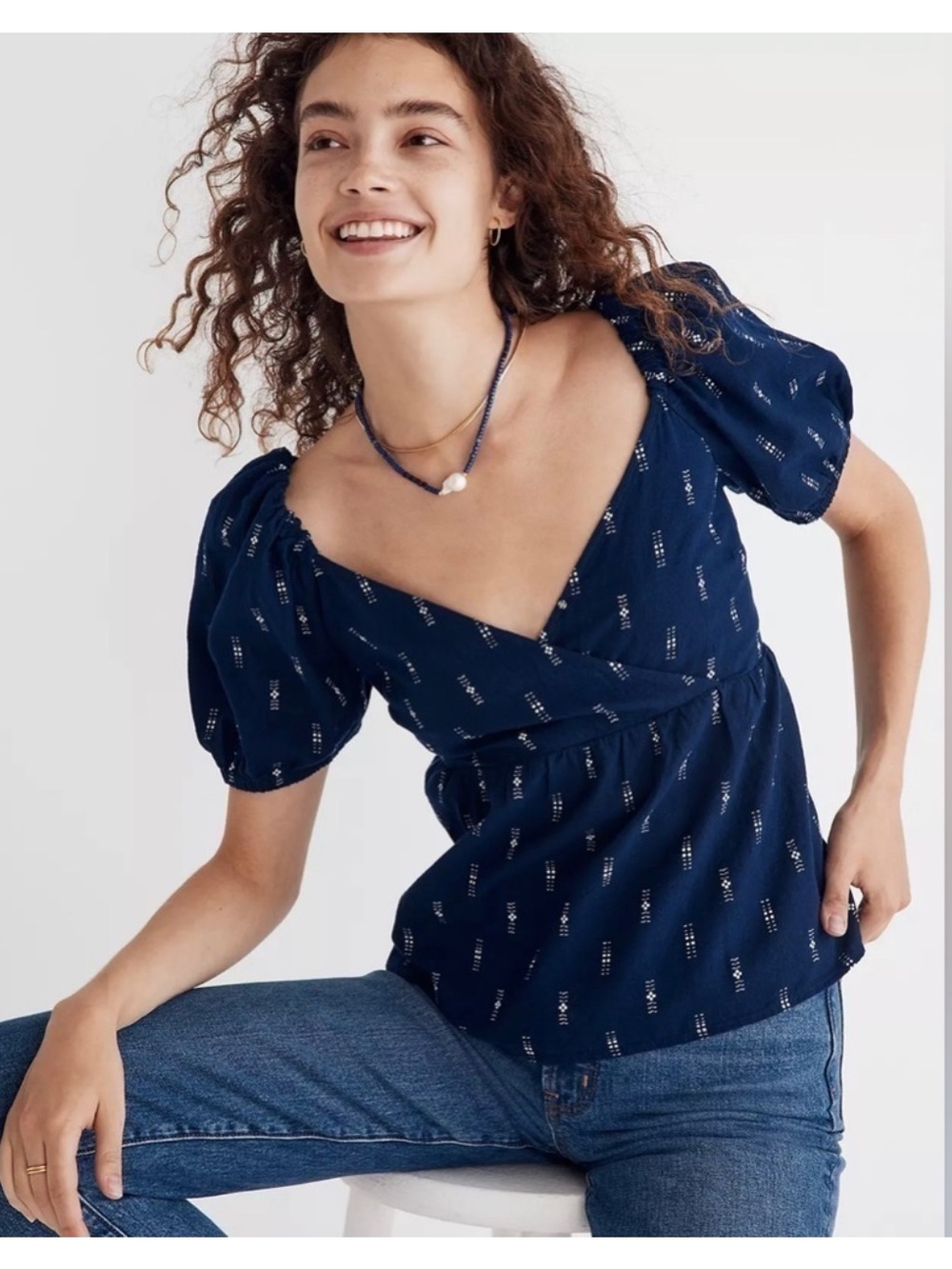 Madewell Navy Jacquard Puff-Sleeve Empire Top. Item NF205